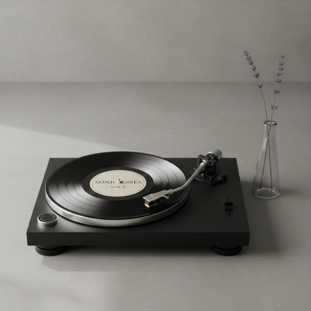 A minimalist turntable featuring a matte black finish with brushed aluminum accents, its delicate tonearm resting gently on a 12-inch vinyl record labeled with understated, serif typography. The turntable is centered on a pristine, muted grey concrete surface, accompanied only by a single sprig of dried lavender in a slim, clear glass vase set aside for a touch of organic elegance. Soft, natural light from the left creates subtle gradients on the surfaces, enhancing the textures and evoking an air of refined tranquility. Captured at an eye-level angle with asymmetric framing and generous negative space, the image radiates a sense of calm sophistication, perfect for a blog focused on thoughtful music reviews.
